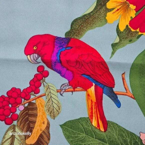Vintage Silk Scarf Parrots Bird Hand Rolled Edges - Picture 2 of 16
